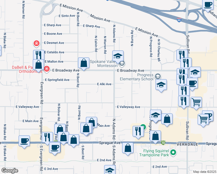 map of restaurants, bars, coffee shops, grocery stores, and more near 14612 East Alki Avenue in Spokane Valley