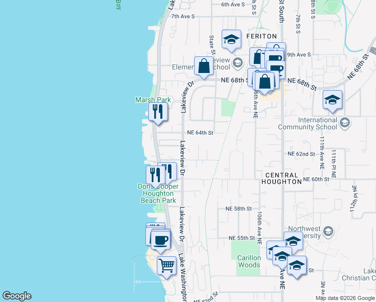 map of restaurants, bars, coffee shops, grocery stores, and more near 6218 Lakeview Drive in Kirkland