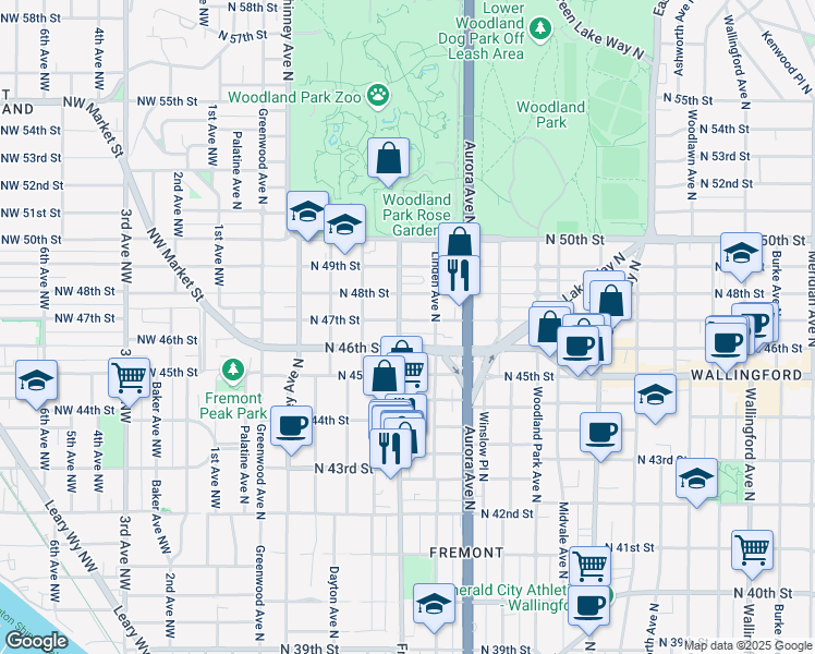 map of restaurants, bars, coffee shops, grocery stores, and more near 4618 Fremont Avenue North in Seattle