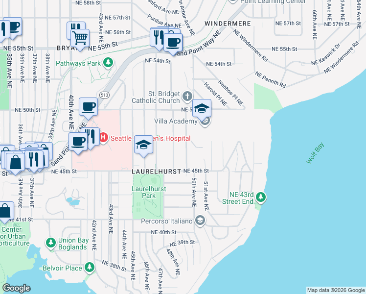 map of restaurants, bars, coffee shops, grocery stores, and more near 4542 48th Avenue Northeast in Seattle