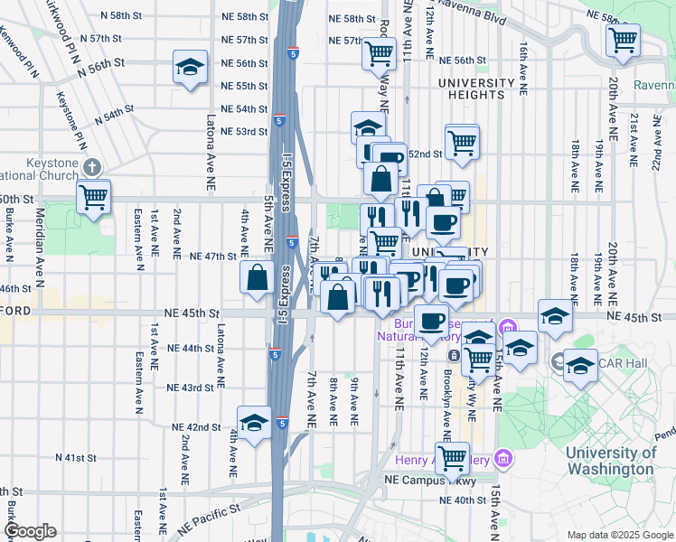 map of restaurants, bars, coffee shops, grocery stores, and more near 4541 9th Avenue Northeast in Seattle