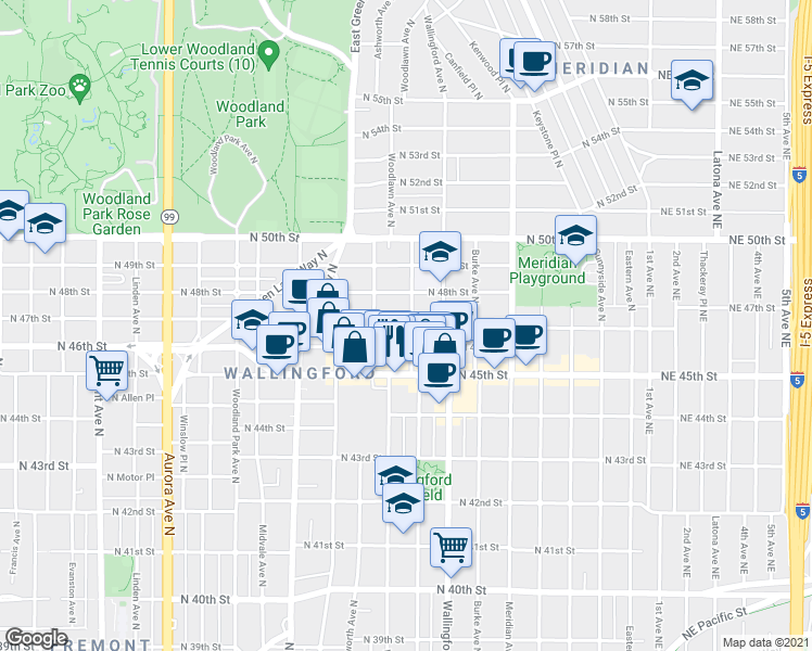 map of restaurants, bars, coffee shops, grocery stores, and more near 1616 North 46th Street in Seattle