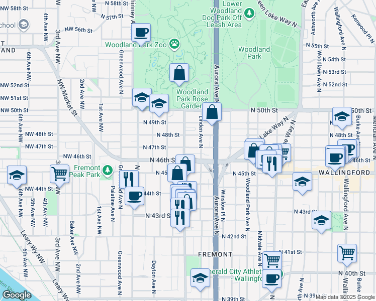 map of restaurants, bars, coffee shops, grocery stores, and more near 720 North 46th Street in Seattle