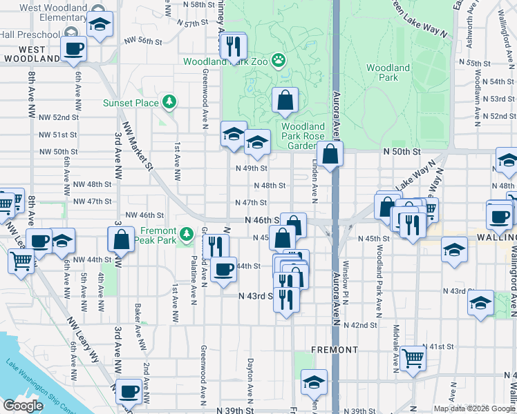 map of restaurants, bars, coffee shops, grocery stores, and more near 514 North 46th Street in Seattle