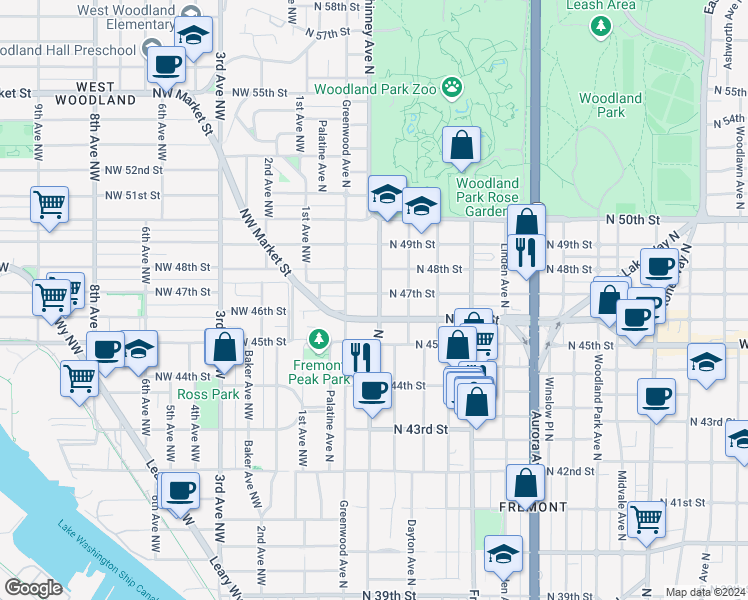 map of restaurants, bars, coffee shops, grocery stores, and more near 410 North 46th Street in Seattle