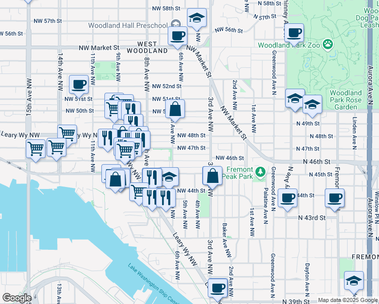 map of restaurants, bars, coffee shops, grocery stores, and more near 336 Northwest 46th Street in Seattle