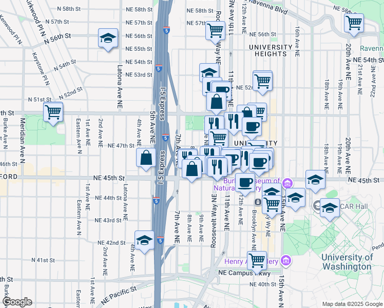 map of restaurants, bars, coffee shops, grocery stores, and more near 4545 8th Avenue Northeast in Seattle