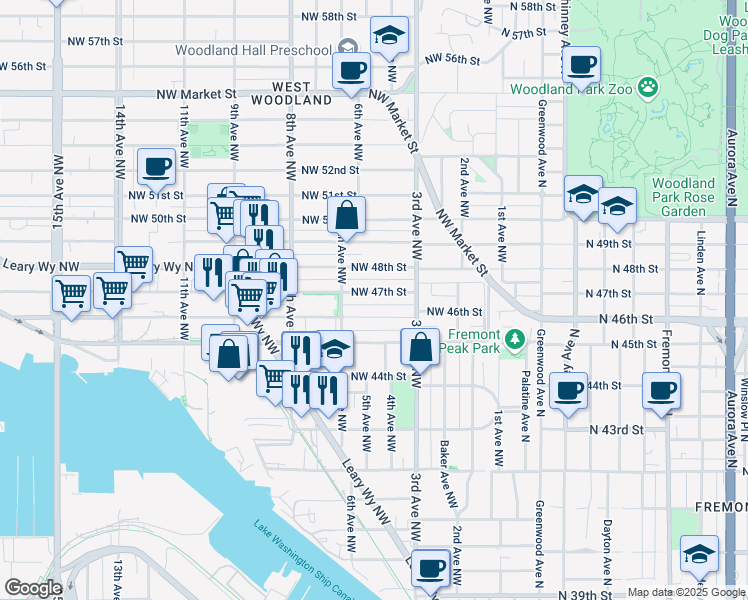 map of restaurants, bars, coffee shops, grocery stores, and more near 336 Northwest 46th Street in Seattle