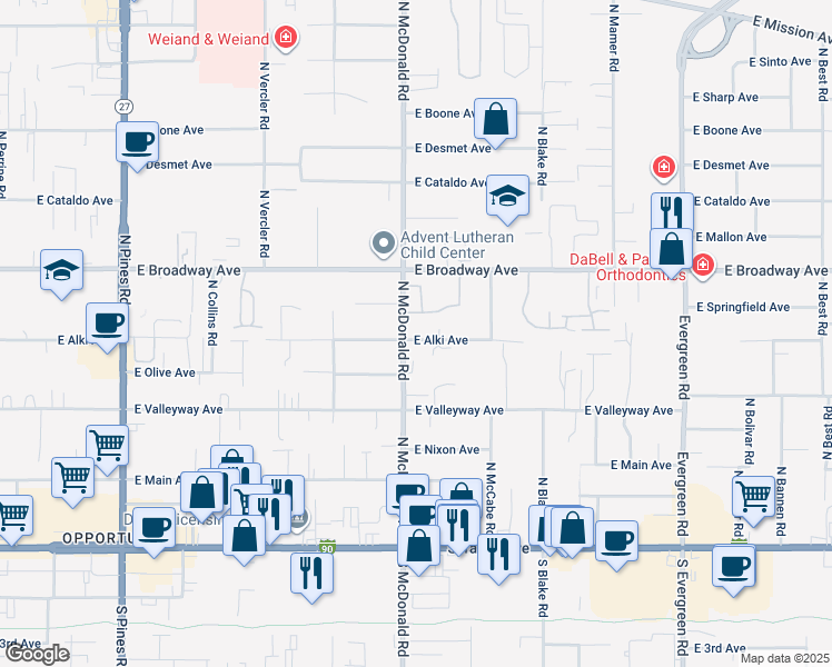 map of restaurants, bars, coffee shops, grocery stores, and more near 13101 East Alki Avenue in Spokane Valley