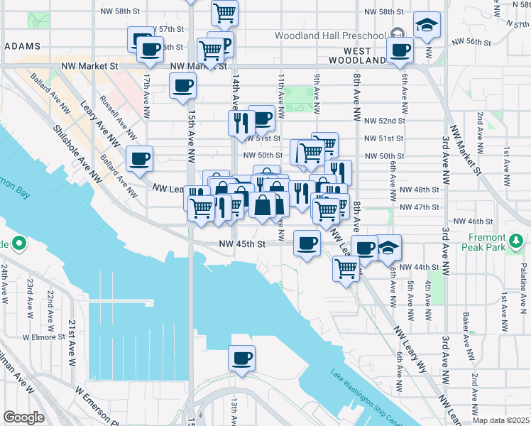 map of restaurants, bars, coffee shops, grocery stores, and more near 1122 Northwest 46th Street in Seattle