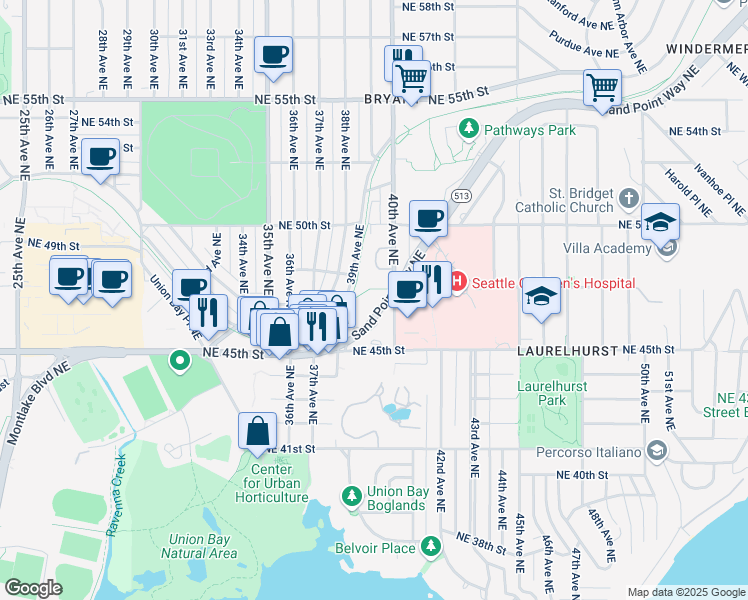 map of restaurants, bars, coffee shops, grocery stores, and more near 4575 Sand Point Way Northeast in Seattle