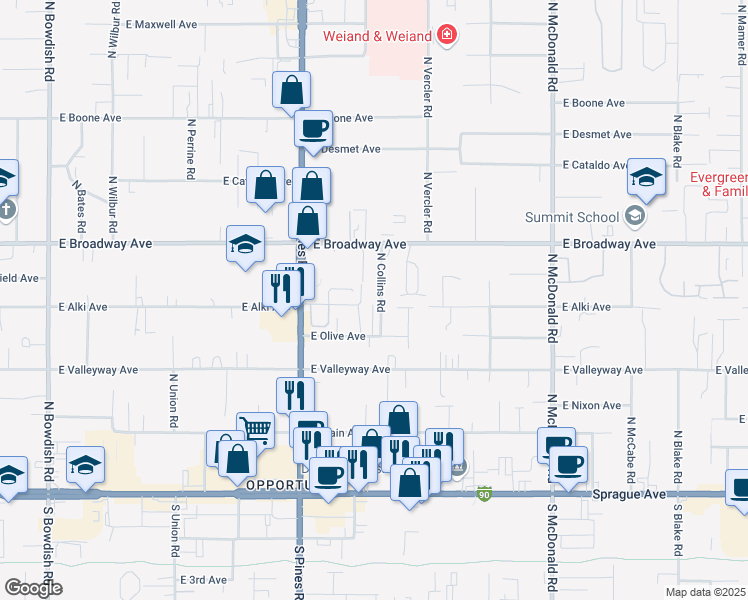 map of restaurants, bars, coffee shops, grocery stores, and more near 603 North Collins Road in Spokane Valley