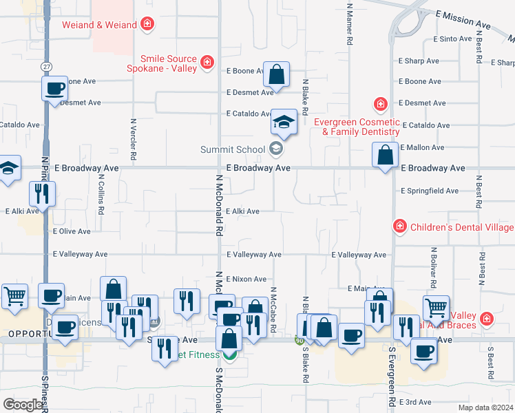 map of restaurants, bars, coffee shops, grocery stores, and more near 13211 East Alki Avenue in Spokane Valley