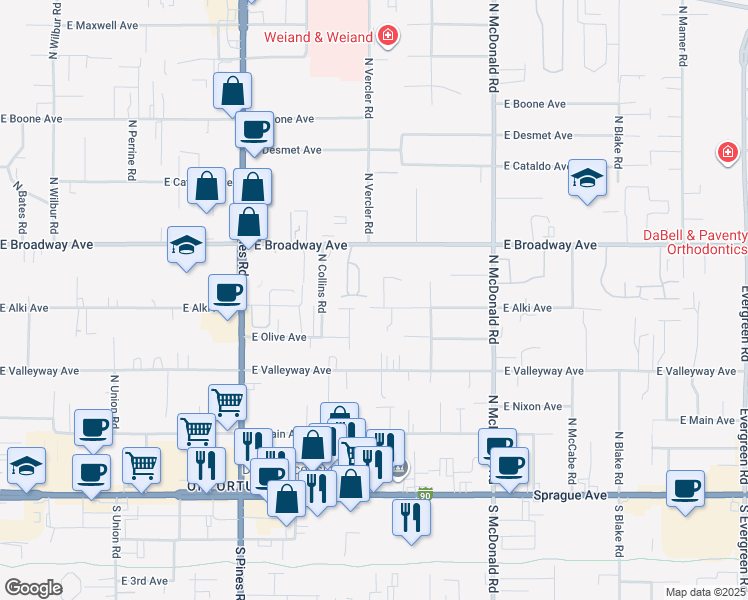 map of restaurants, bars, coffee shops, grocery stores, and more near 605 North Virginia Court in Spokane Valley