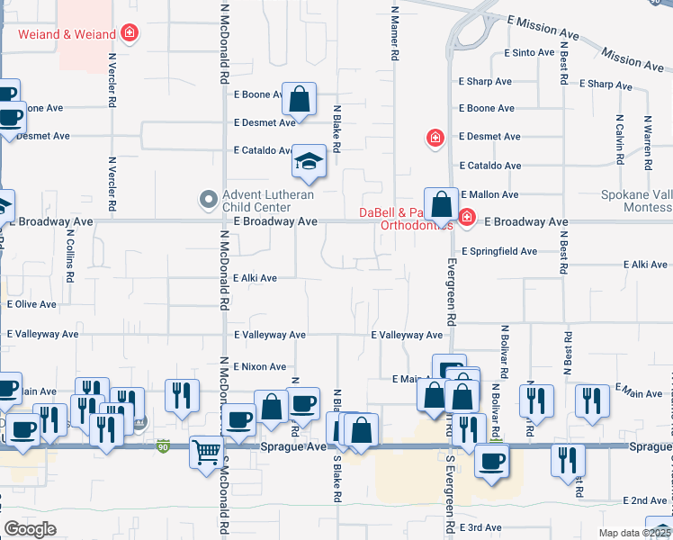 map of restaurants, bars, coffee shops, grocery stores, and more near 13507 East Valleyway Avenue in Spokane Valley