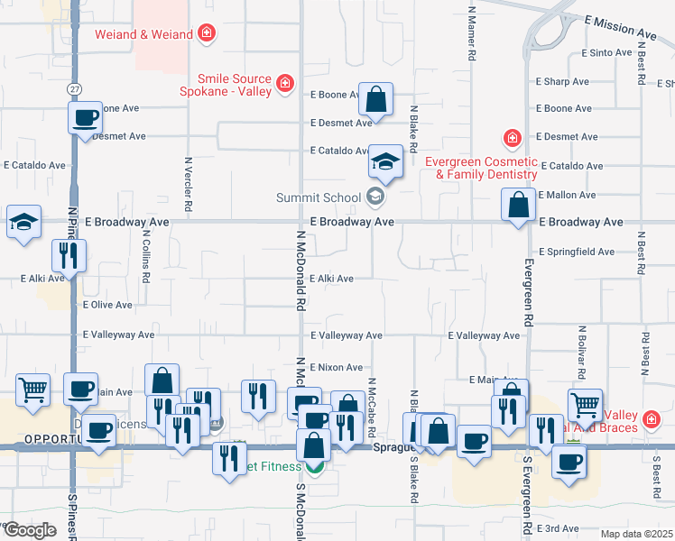 map of restaurants, bars, coffee shops, grocery stores, and more near 13211 East Alki Avenue in Spokane Valley