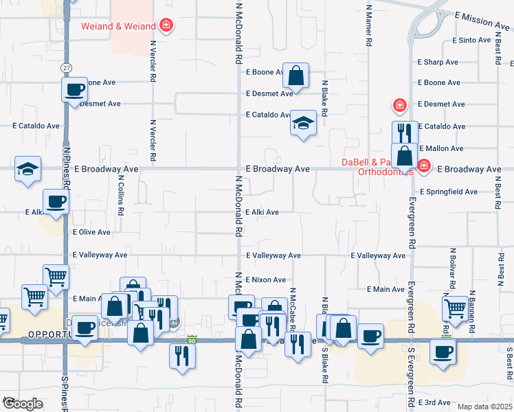 map of restaurants, bars, coffee shops, grocery stores, and more near 13111 East Alki Avenue in Spokane Valley