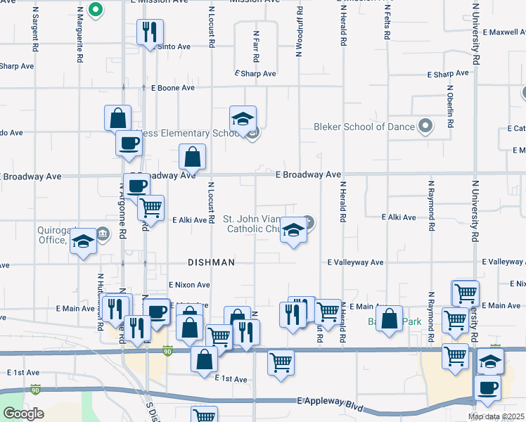 map of restaurants, bars, coffee shops, grocery stores, and more near 608 North Farr Road in Spokane Valley
