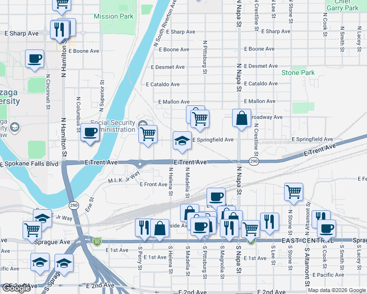 map of restaurants, bars, coffee shops, grocery stores, and more near 618 North Madelia Street in Spokane