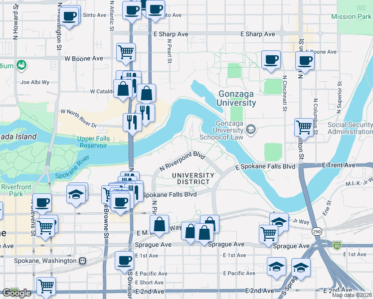 map of restaurants, bars, coffee shops, grocery stores, and more near 523-549 North Riverpoint Boulevard in Spokane