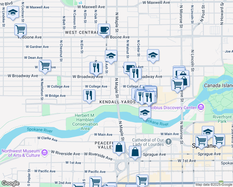map of restaurants, bars, coffee shops, grocery stores, and more near in Spokane
