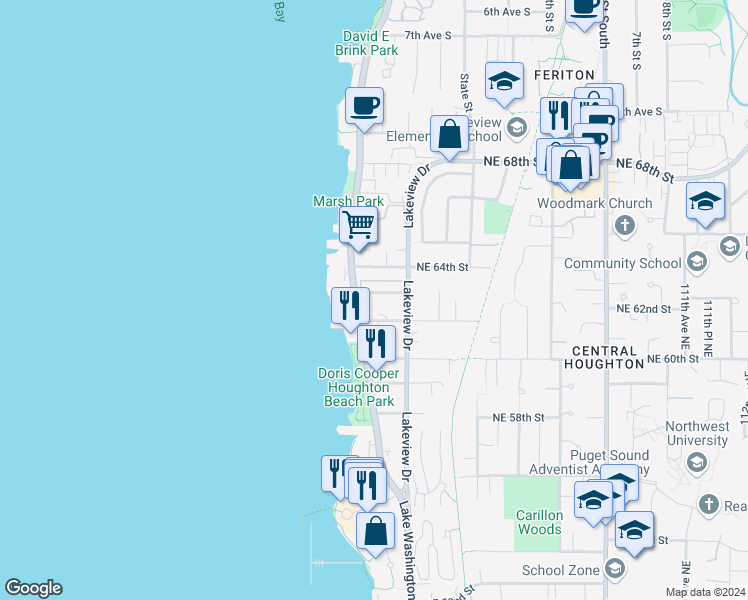 map of restaurants, bars, coffee shops, grocery stores, and more near 6210 Lake Washington Boulevard Northeast in Kirkland