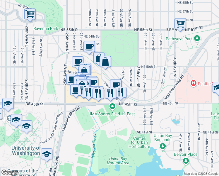 map of restaurants, bars, coffee shops, grocery stores, and more near 4611 Union Bay Place Northeast in Seattle