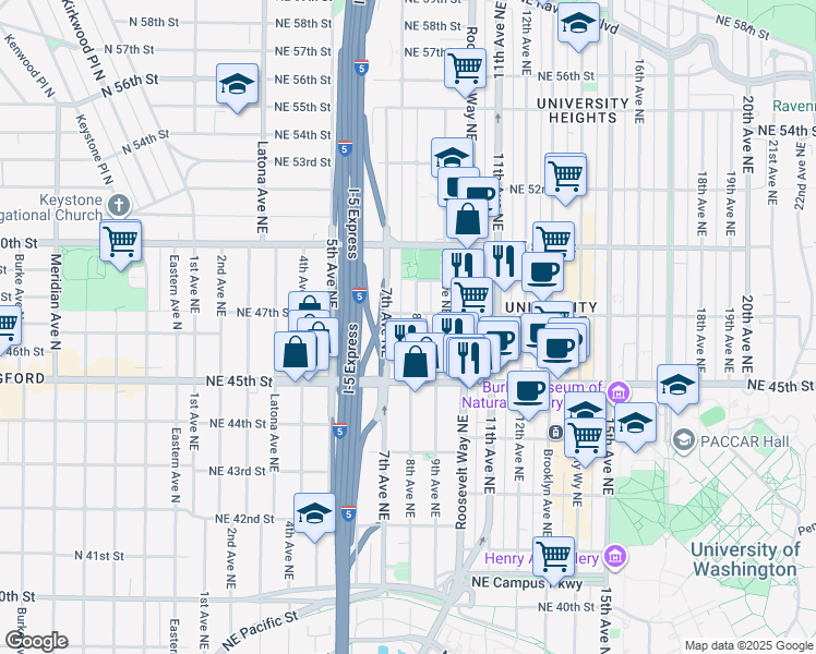 map of restaurants, bars, coffee shops, grocery stores, and more near 4544 7th Avenue Northeast in Seattle