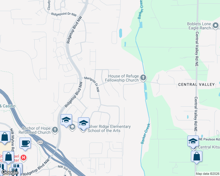 map of restaurants, bars, coffee shops, grocery stores, and more near 10923 Tulip Place Northwest in Silverdale