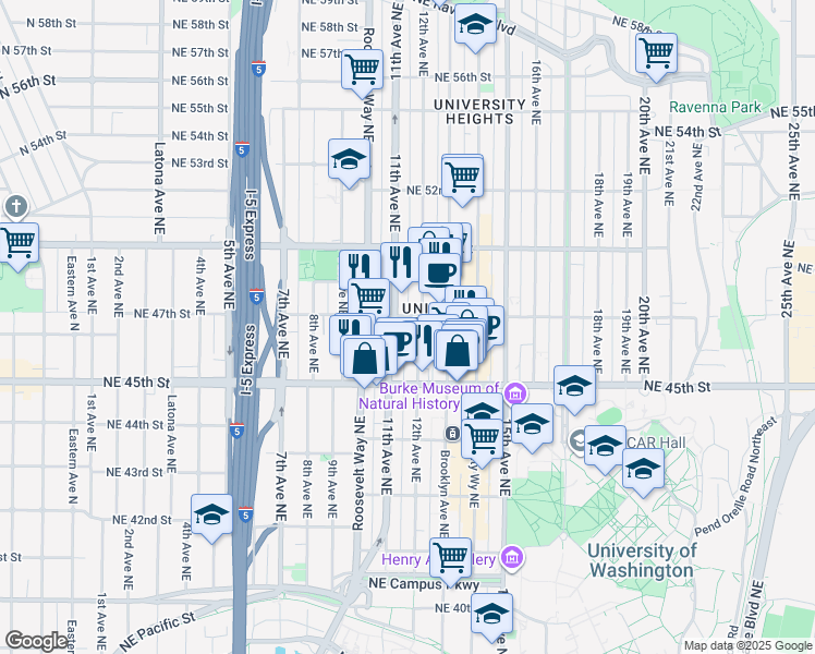 map of restaurants, bars, coffee shops, grocery stores, and more near 1145 Northeast 47th Street in Seattle