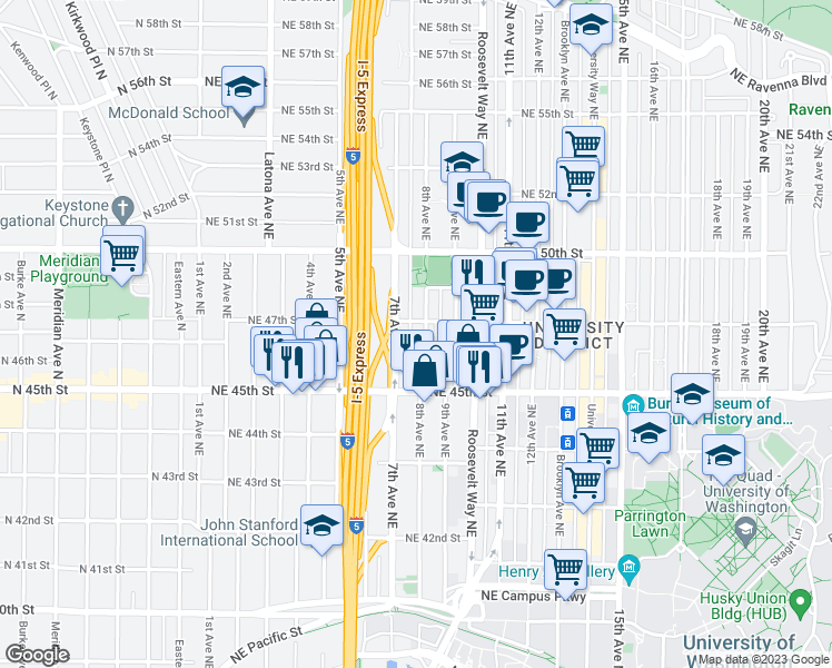 map of restaurants, bars, coffee shops, grocery stores, and more near 4547 8th Avenue Northeast in Seattle