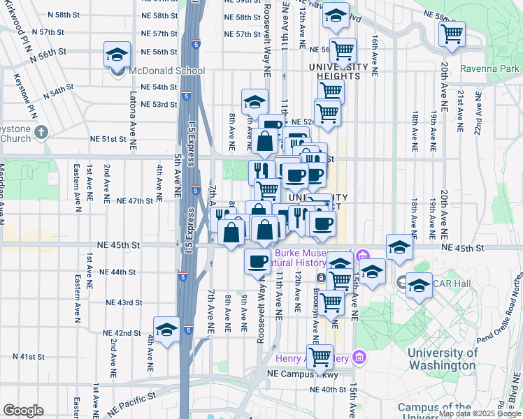 map of restaurants, bars, coffee shops, grocery stores, and more near 4555 Roosevelt Way Northeast in Seattle