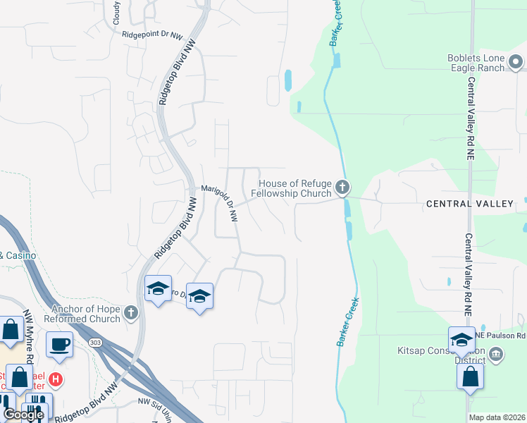 map of restaurants, bars, coffee shops, grocery stores, and more near 10923 Tulip Place Northwest in Silverdale