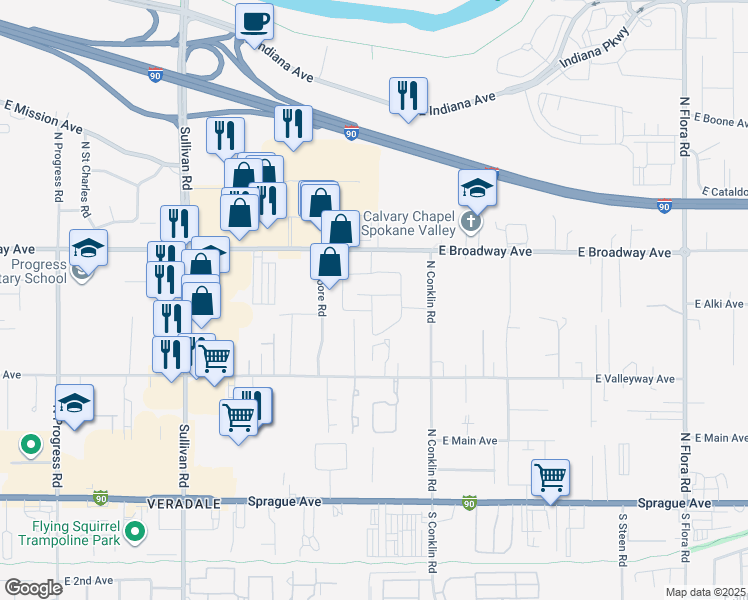 map of restaurants, bars, coffee shops, grocery stores, and more near 16102 East Broadway Avenue in Spokane Valley