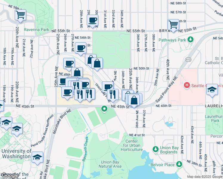map of restaurants, bars, coffee shops, grocery stores, and more near 3316 Northeast Blakeley Street in Seattle