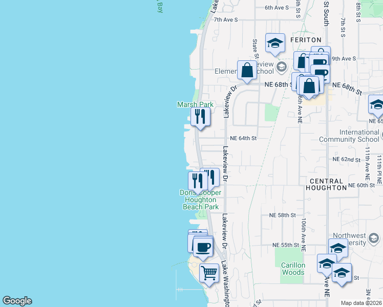 map of restaurants, bars, coffee shops, grocery stores, and more near 6225 Lake Washington Boulevard Northeast in Kirkland