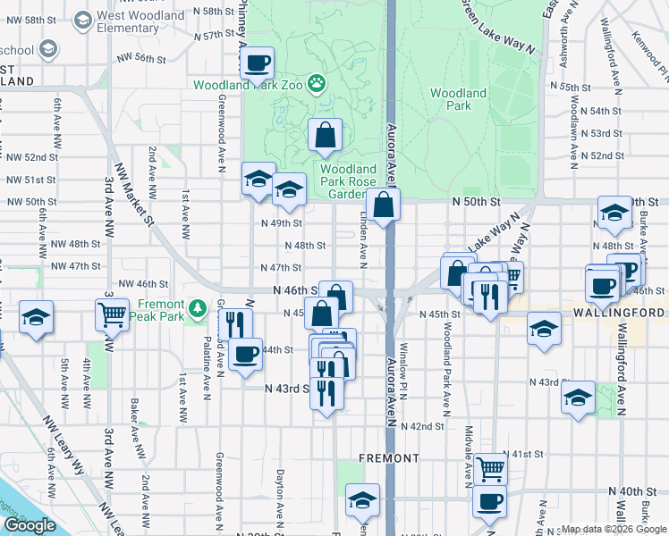 map of restaurants, bars, coffee shops, grocery stores, and more near Fremont Ave N & N 47th St in Seattle