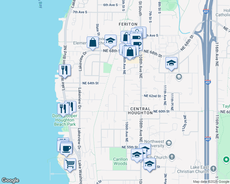 map of restaurants, bars, coffee shops, grocery stores, and more near 6212 104th Avenue Northeast in Kirkland