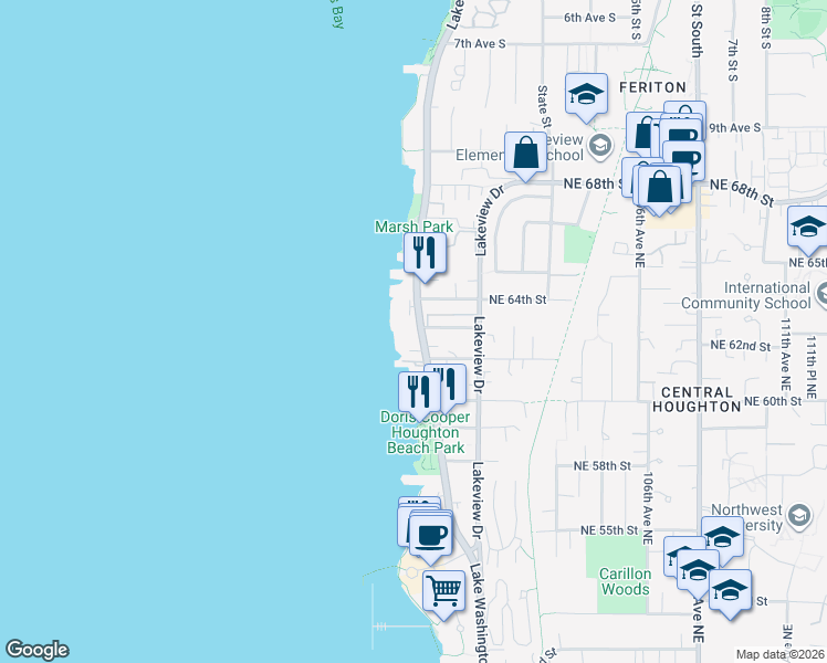 map of restaurants, bars, coffee shops, grocery stores, and more near 6211 Lake Washington Boulevard Northeast in Kirkland