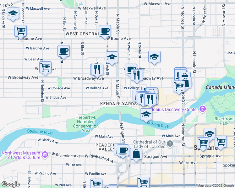 map of restaurants, bars, coffee shops, grocery stores, and more near in Spokane