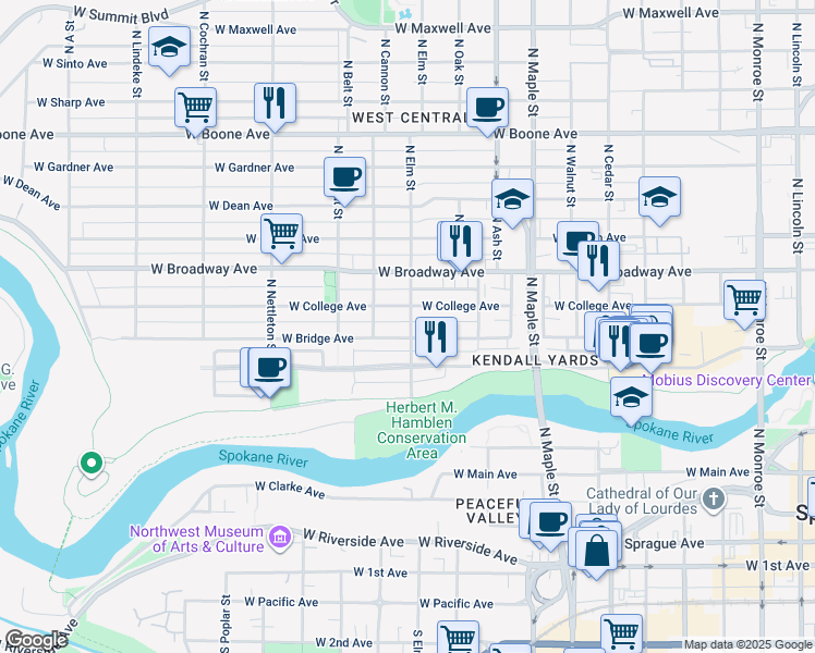 map of restaurants, bars, coffee shops, grocery stores, and more near 1917 West Bridge Avenue in Spokane