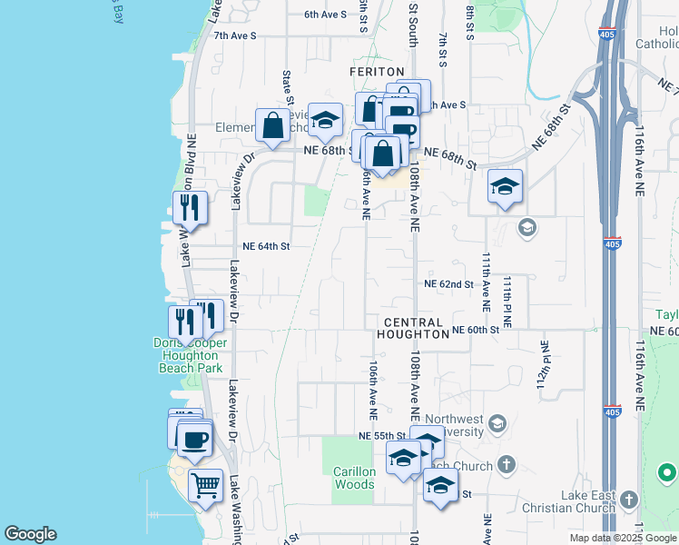 map of restaurants, bars, coffee shops, grocery stores, and more near 6212 104th Avenue Northeast in Kirkland