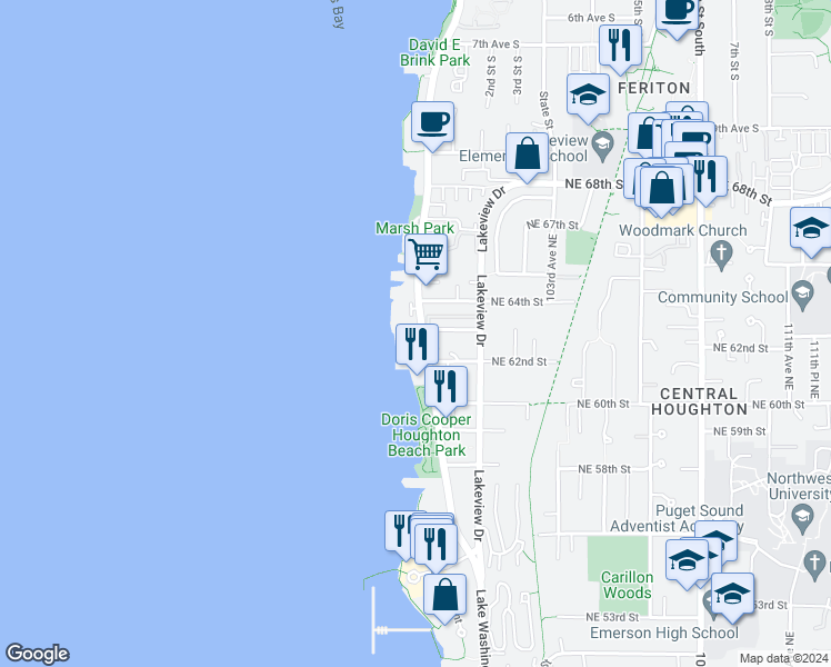 map of restaurants, bars, coffee shops, grocery stores, and more near 6211 Lake Washington Boulevard Northeast in Kirkland