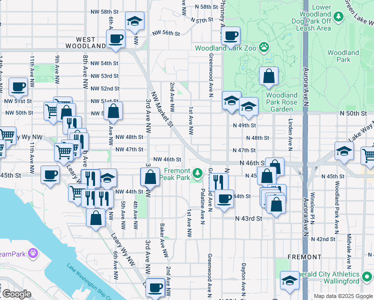 map of restaurants, bars, coffee shops, grocery stores, and more near 102 Northwest 46th Street in Seattle