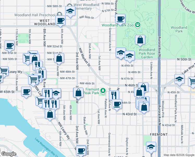 map of restaurants, bars, coffee shops, grocery stores, and more near 102 Northwest 46th Street in Seattle