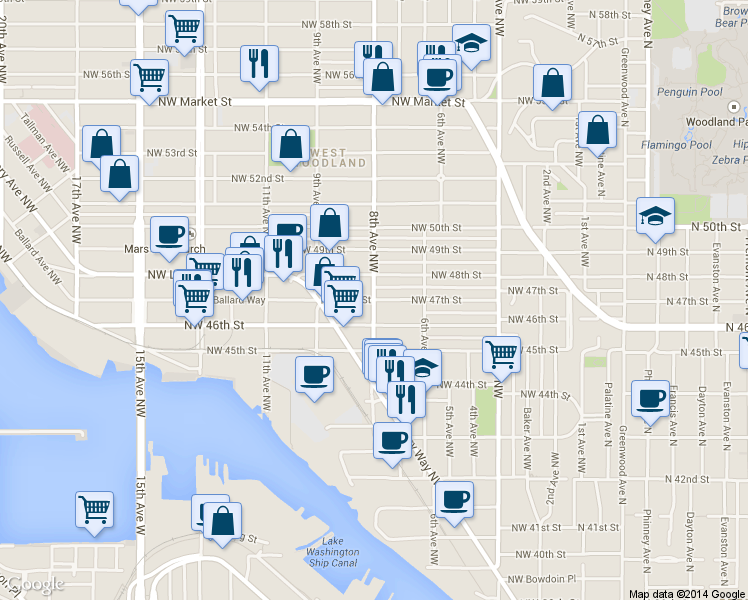 map of restaurants, bars, coffee shops, grocery stores, and more near 8th Avenue Northwest & Northwest 47th Street in Seattle