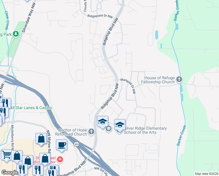 map of restaurants, bars, coffee shops, grocery stores, and more near 11126 Shipside Lane Northwest in Silverdale