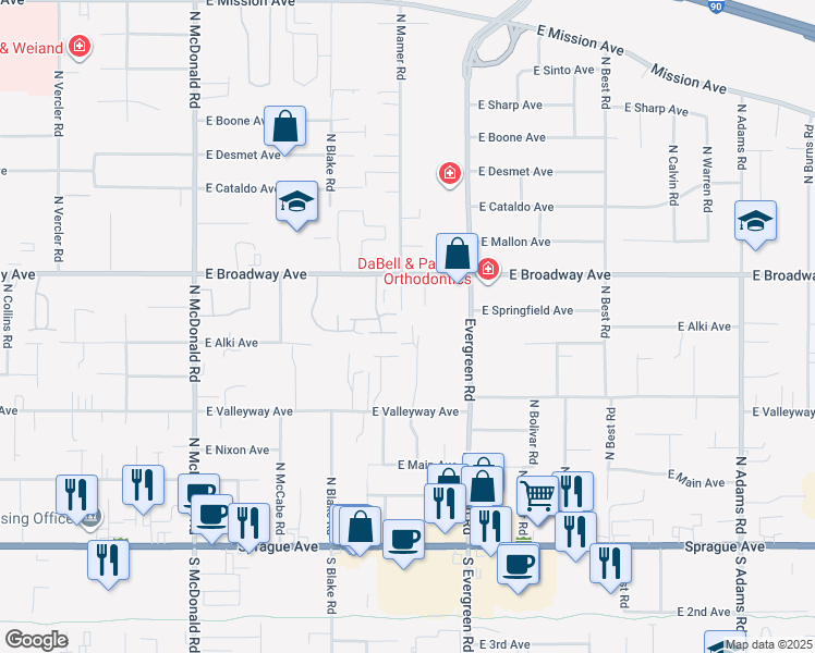 map of restaurants, bars, coffee shops, grocery stores, and more near 603 North Mamer Road in Spokane Valley