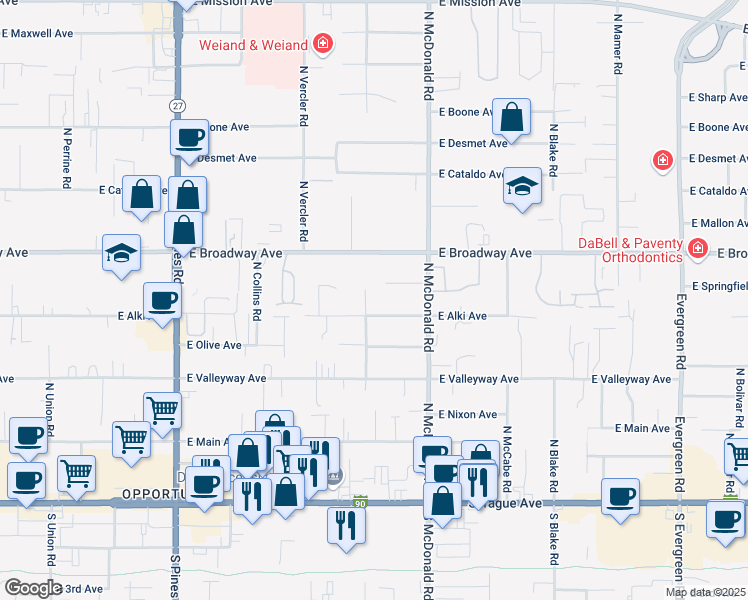 map of restaurants, bars, coffee shops, grocery stores, and more near 12912 East Alki Avenue in Spokane Valley