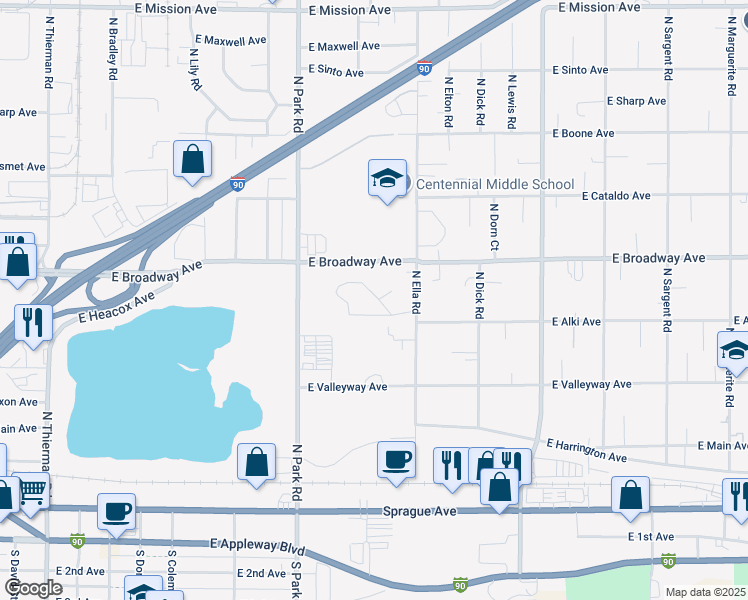 map of restaurants, bars, coffee shops, grocery stores, and more near 7623 East Valleyway Avenue in Spokane Valley